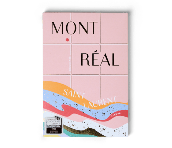 Chocolate bar covered by a stylized post card of Montréal featuring the Saint-Lawrence river