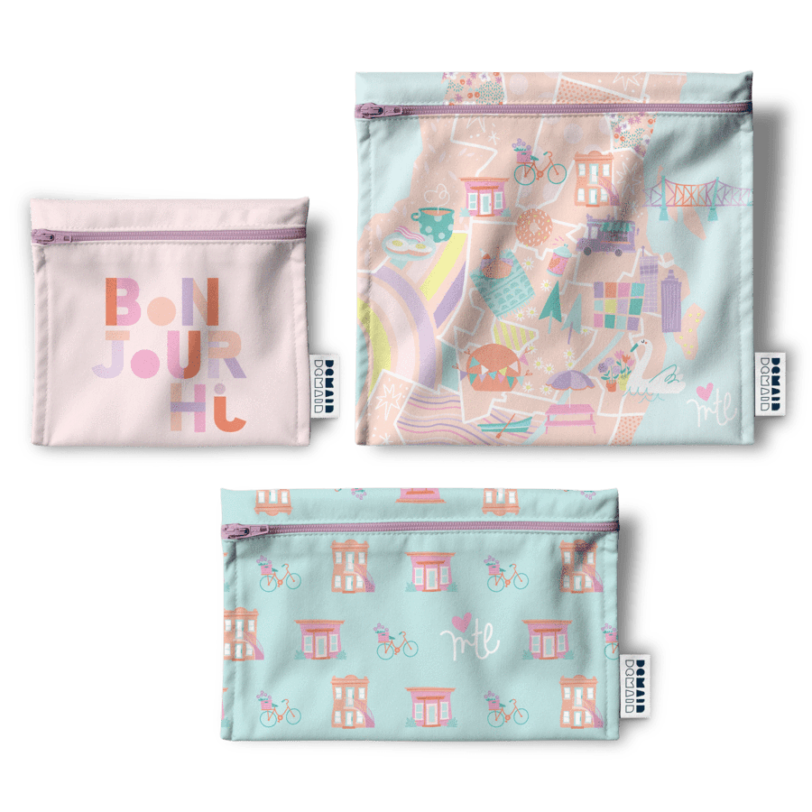 Three resusable bags featuring different Montréal themed designs 