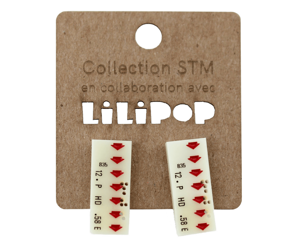Boucles d'oreille en forme de billets de correspondance du métro de la marque LiLiPop en collaboration avec la STM