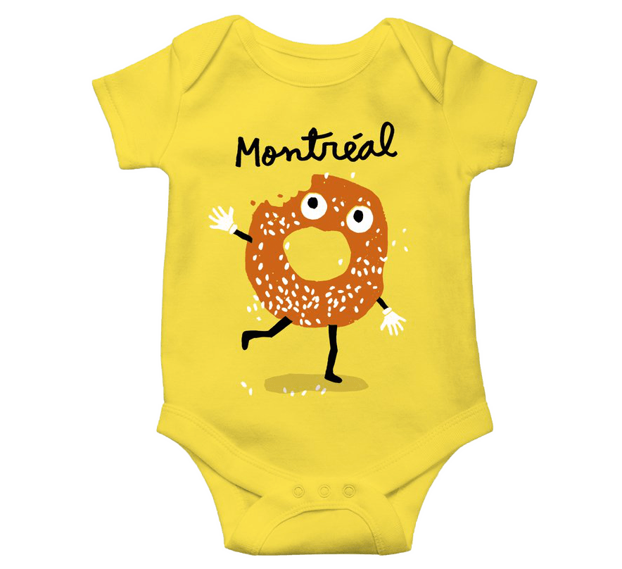 Yellow onesie with the word "Montréal" and a cartoon bagel, with a bite missing, running and waving